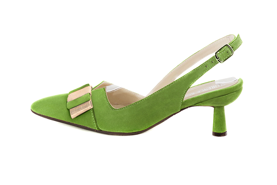 Grass green and gold women's open back shoes, with a knot. Tapered toe. Medium spool heels. Profile view - Florence KOOIJMAN